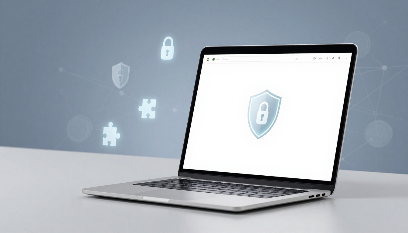 Open laptop on a white desk, displaying a shield with a lock icon on the screen. Background features floating lock and puzzle icons.