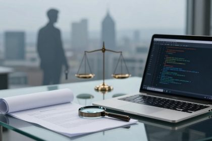 A glass desk with a laptop displaying code, papers, a magnifying glass, and scales of justice. A silhouette of a person is visible through a window with a cityscape backdrop.