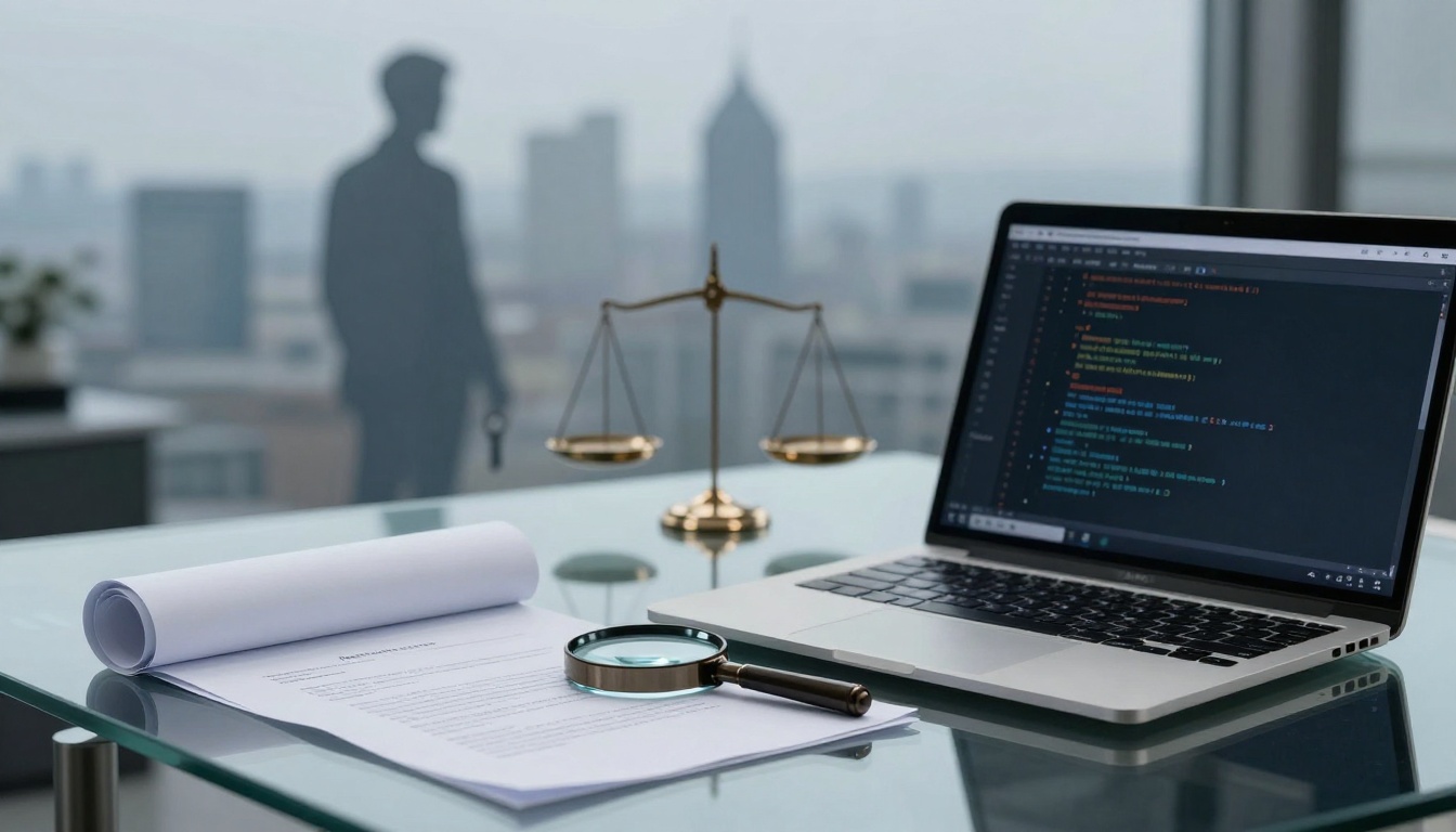 A glass desk with a laptop displaying code, papers, a magnifying glass, and scales of justice. A silhouette of a person is visible through a window with a cityscape backdrop.