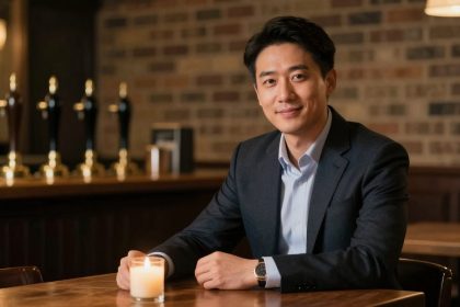 A man in a dark suit and light blue shirt sits at a wooden table in a dimly lit bar. He smiles, with a lit candle in front of him and beer taps in the background.