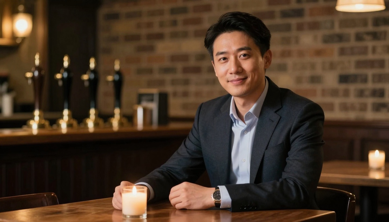 A man in a dark suit and light blue shirt sits at a wooden table in a dimly lit bar. He smiles, with a lit candle in front of him and beer taps in the background.