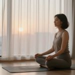 A woman sits cross-legged on a yoga mat, meditating in a sunlit room. She wears a gray tank top and pants. A potted plant is nearby.