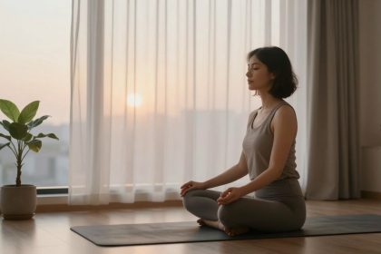 A woman sits cross-legged on a yoga mat, meditating in a sunlit room. She wears a gray tank top and pants. A potted plant is nearby.