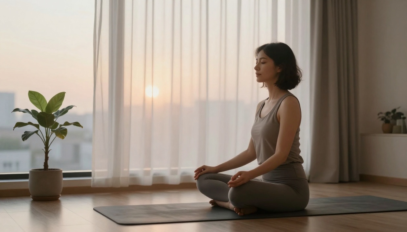 A woman sits cross-legged on a yoga mat, meditating in a sunlit room. She wears a gray tank top and pants. A potted plant is nearby.