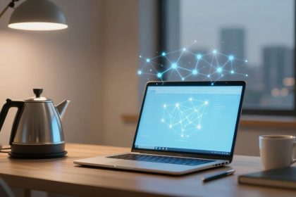 A laptop displaying a neural network diagram sits on a wooden desk. A glowing digital network hovers above it. Nearby are a lamp, metallic kettle, coffee cup, and notebook.