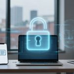 A laptop displaying a glowing digital padlock sits on a desk with a smartphone and notebook. A futuristic digital face is visible.