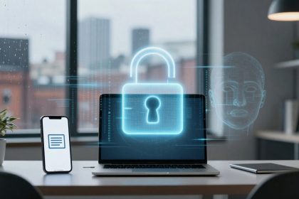 A laptop displaying a glowing digital padlock sits on a desk with a smartphone and notebook. A futuristic digital face is visible.