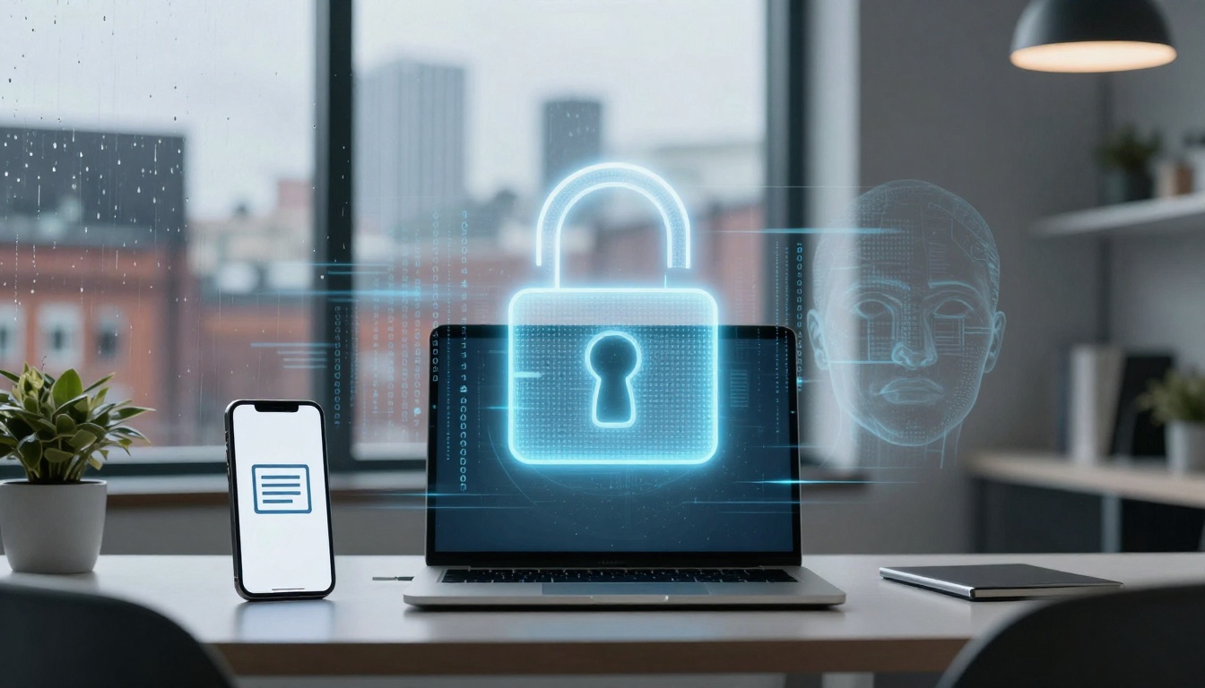 A laptop displaying a glowing digital padlock sits on a desk with a smartphone and notebook. A futuristic digital face is visible.
