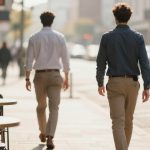 Two men walking down a city sidewalk. Both wear button-up shirts and khaki pants. Outdoor cafe tables with flowers are on the left.