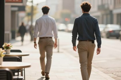 Two men walking down a city sidewalk. Both wear button-up shirts and khaki pants. Outdoor cafe tables with flowers are on the left.