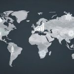 World map with icons: cloud and rain over North America, virus symbols over Asia, chart over Europe, leaf over South America, web over Africa, fire over Australia. Dark background.