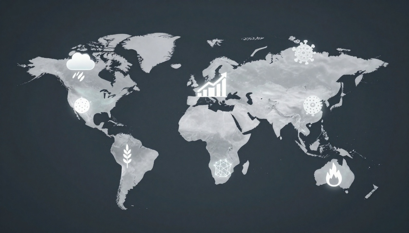 World map with icons: cloud and rain over North America, virus symbols over Asia, chart over Europe, leaf over South America, web over Africa, fire over Australia. Dark background.