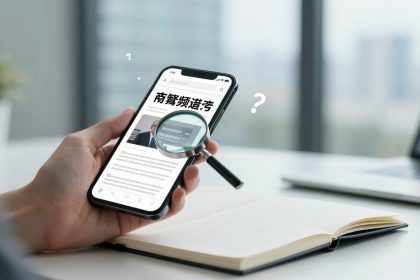 A hand holds a smartphone displaying text in a foreign language. A magnifying glass is digitally overlaid, focusing on part of the screen. A notebook and laptop are on the table in the background.