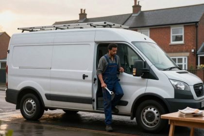 A person in blue overalls steps out of a white van holding a wrench. The van is parked on a wet street in front of brick houses. A table with papers is visible in the foreground.