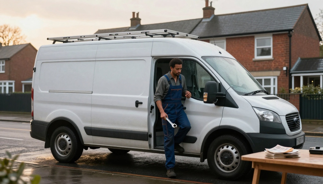 A person in blue overalls steps out of a white van holding a wrench. The van is parked on a wet street in front of brick houses. A table with papers is visible in the foreground.