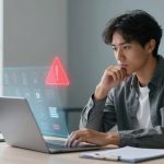 A person sits at a desk with a laptop, looking at a digital screen displaying a red warning icon. The room has a window and a small plant.
