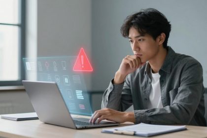 A person sits at a desk with a laptop, looking at a digital screen displaying a red warning icon. The room has a window and a small plant.