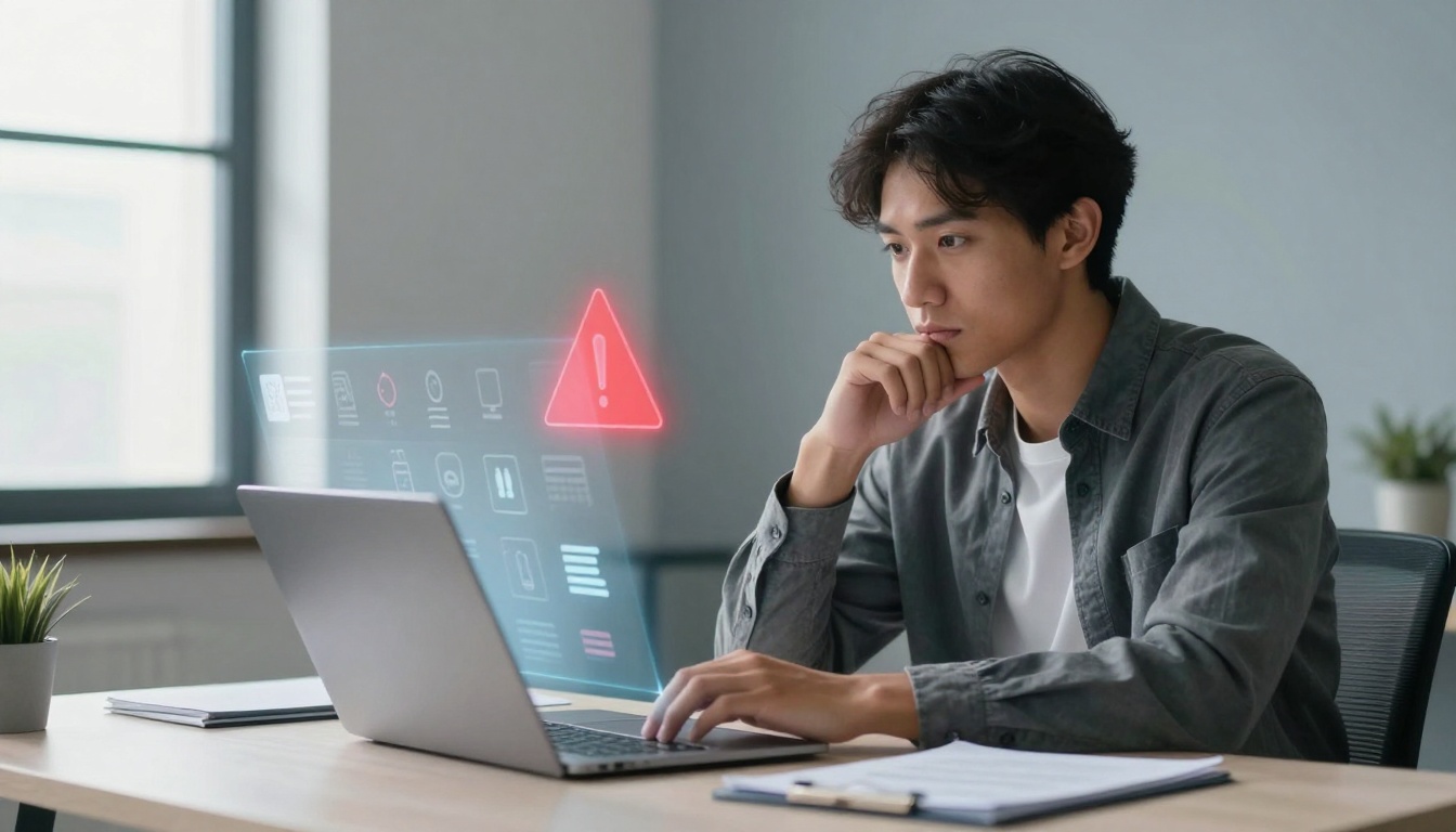 A person sits at a desk with a laptop, looking at a digital screen displaying a red warning icon. The room has a window and a small plant.
