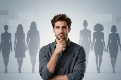 A man with a thoughtful expression stands in the foreground, wearing a gray shirt. Behind him are silhouettes of five women, with speech bubbles above them, on a light gray background.