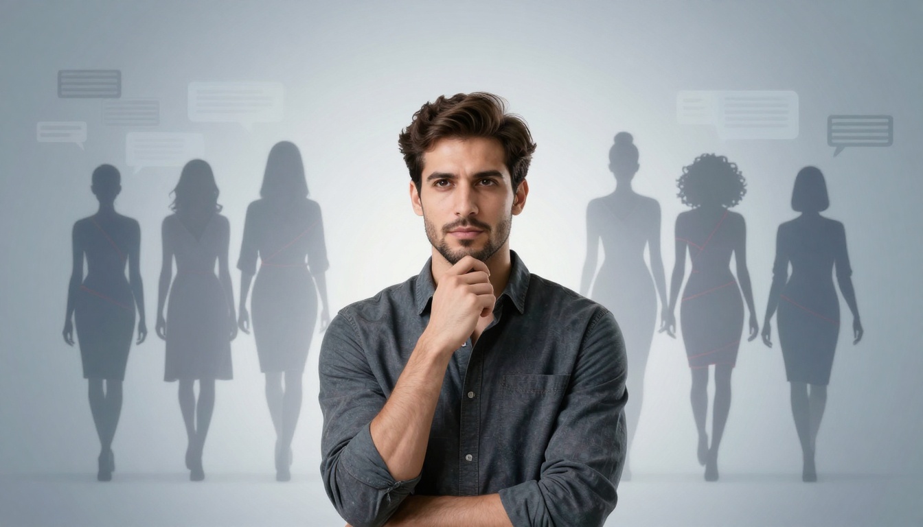 A man with a thoughtful expression stands in the foreground, wearing a gray shirt. Behind him are silhouettes of five women, with speech bubbles above them, on a light gray background.