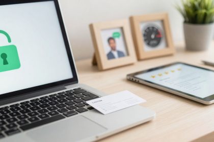 A laptop displaying a green open padlock icon on the screen sits on a desk. Nearby are a business card, a tablet showing a checklist with stars, framed photos, and a small potted plant.