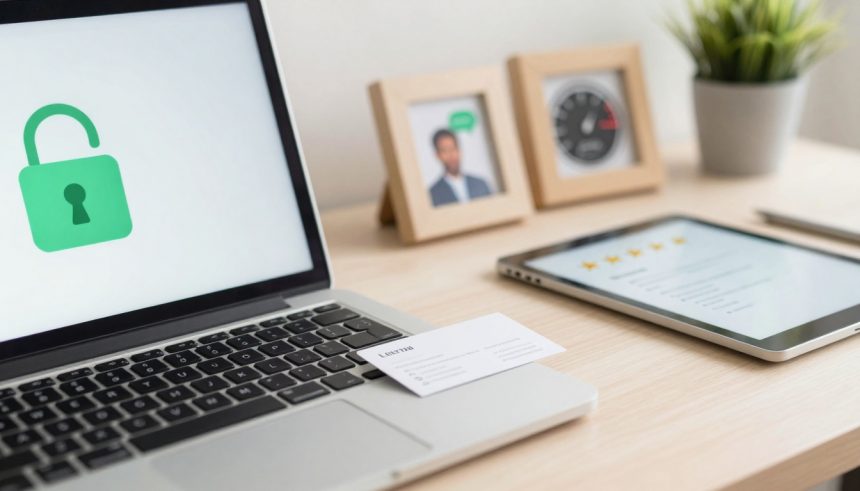 A laptop displaying a green open padlock icon on the screen sits on a desk. Nearby are a business card, a tablet showing a checklist with stars, framed photos, and a small potted plant.