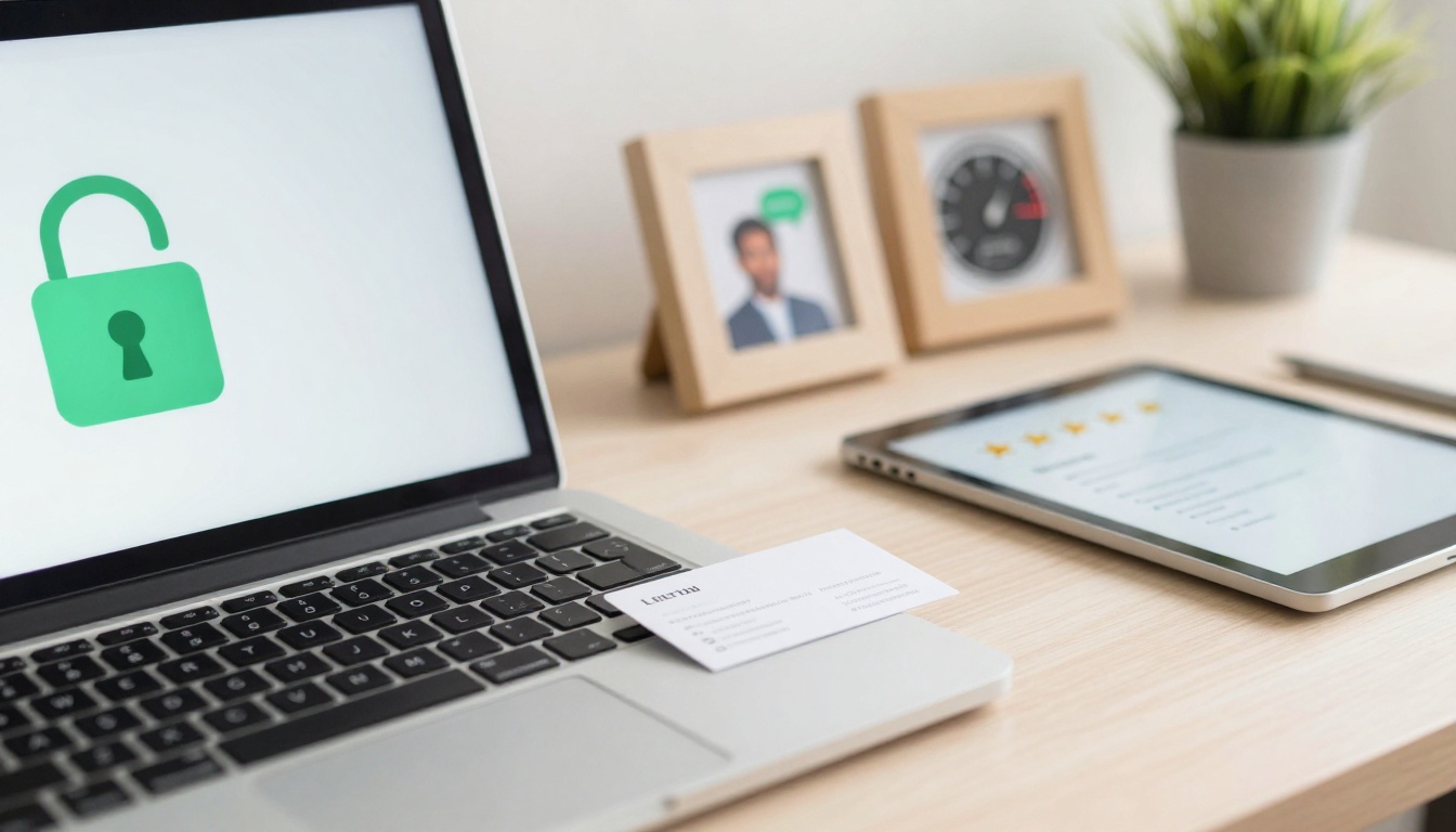 A laptop displaying a green open padlock icon on the screen sits on a desk. Nearby are a business card, a tablet showing a checklist with stars, framed photos, and a small potted plant.