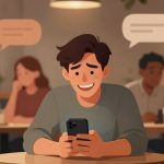 A cartoon-style scene in a café shows a smiling man using a smartphone at a table. A woman beside him looks upset. Two people are blurred in the background, with speech bubbles above indicating conversation.