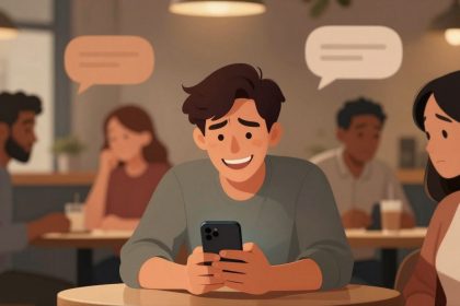 A cartoon-style scene in a café shows a smiling man using a smartphone at a table. A woman beside him looks upset. Two people are blurred in the background, with speech bubbles above indicating conversation.