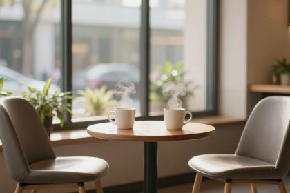 Two steaming mugs on a round wooden table between two grey chairs, set in a cozy cafe with large windows and potted plants.