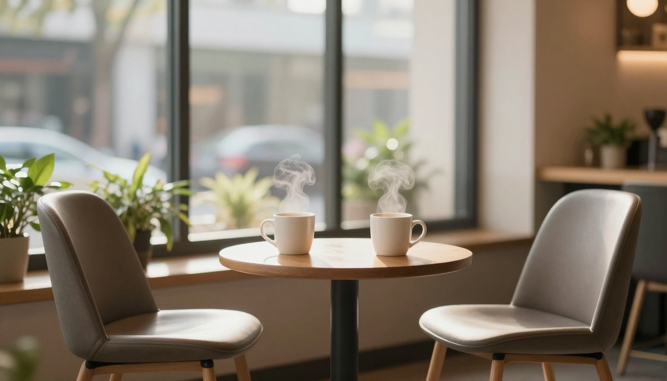 Two steaming mugs on a round wooden table between two grey chairs, set in a cozy cafe with large windows and potted plants.