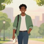 A person with curly hair, wearing a green shirt and jeans, walks in a park holding a notebook. Trees and city buildings are in the background.