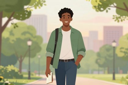 A person with curly hair, wearing a green shirt and jeans, walks in a park holding a notebook. Trees and city buildings are in the background.