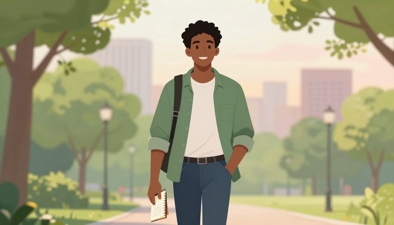 A person with curly hair, wearing a green shirt and jeans, walks in a park holding a notebook. Trees and city buildings are in the background.