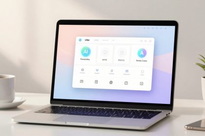 A laptop on a white desk displays a software interface with icons labeled "AI" and "Handy Combo." Nearby are a cup of coffee, a smartphone, and a small potted plant. The screen has a pastel gradient background.