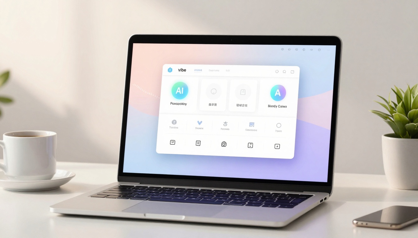 A laptop on a white desk displays a software interface with icons labeled "AI" and "Handy Combo." Nearby are a cup of coffee, a smartphone, and a small potted plant. The screen has a pastel gradient background.