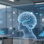 A digital screen in an office displays a 3D brain diagram with data charts, graphs, and user icons, suggesting a focus on analytics and technology.