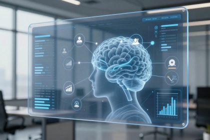 A digital screen in an office displays a 3D brain diagram with data charts, graphs, and user icons, suggesting a focus on analytics and technology.