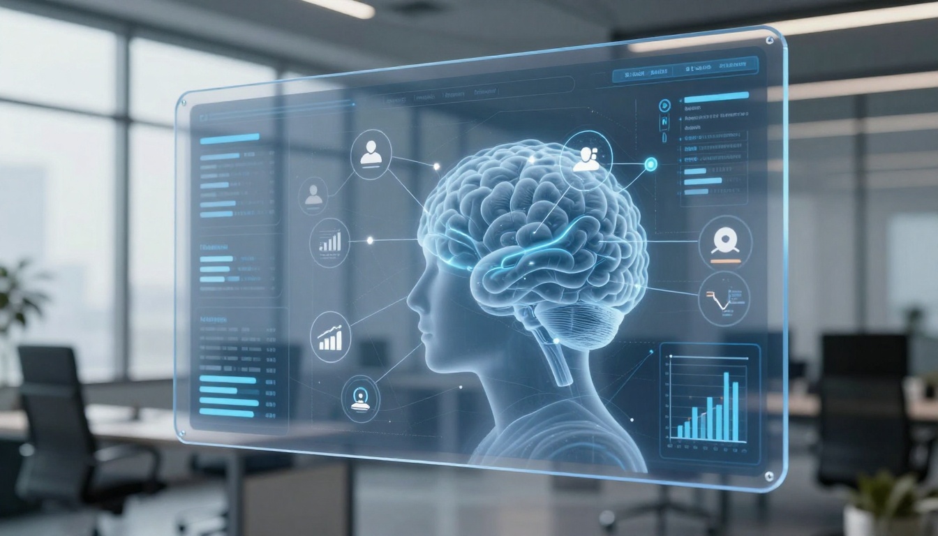 A digital screen in an office displays a 3D brain diagram with data charts, graphs, and user icons, suggesting a focus on analytics and technology.