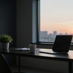 A dimly lit office with a modern desk featuring a laptop, a mug, a potted plant, and a pencil holder. A large window shows a cityscape at sunset.