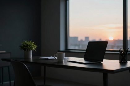 A dimly lit office with a modern desk featuring a laptop, a mug, a potted plant, and a pencil holder. A large window shows a cityscape at sunset.