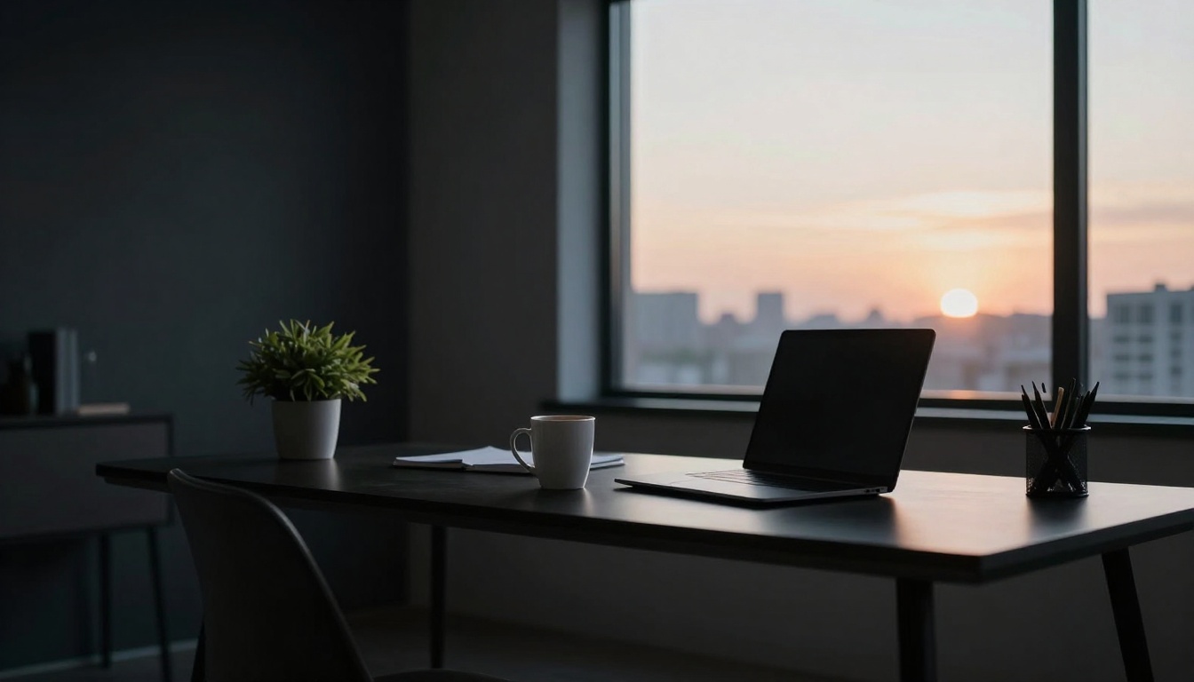 A dimly lit office with a modern desk featuring a laptop, a mug, a potted plant, and a pencil holder. A large window shows a cityscape at sunset.