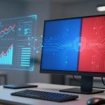 A computer monitor on a desk displays a split screen with digital circuit patterns in blue and red. Holographic charts and graphs are projected beside it. A keyboard and mouse are visible on the desk.