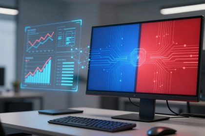 A computer monitor on a desk displays a split screen with digital circuit patterns in blue and red. Holographic charts and graphs are projected beside it. A keyboard and mouse are visible on the desk.