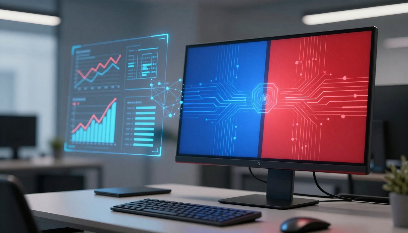 A computer monitor on a desk displays a split screen with digital circuit patterns in blue and red. Holographic charts and graphs are projected beside it. A keyboard and mouse are visible on the desk.