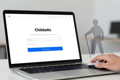 A laptop displaying a webpage titled "Chitikotts" with a white background. The screen shows text fields and a blue button. A hand is using a mouse next to the laptop. A translucent silhouette of a person with a cane is superimposed on the right. The setting appears to be an office.