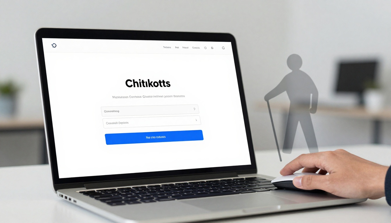 A laptop displaying a webpage titled "Chitikotts" with a white background. The screen shows text fields and a blue button. A hand is using a mouse next to the laptop. A translucent silhouette of a person with a cane is superimposed on the right. The setting appears to be an office.