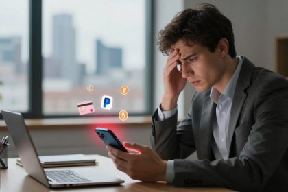 A man in a suit looks worried as he holds a smartphone in an office. Icons of a credit card, PayPal, and Bitcoin float around him. A laptop and office supplies are on the desk.