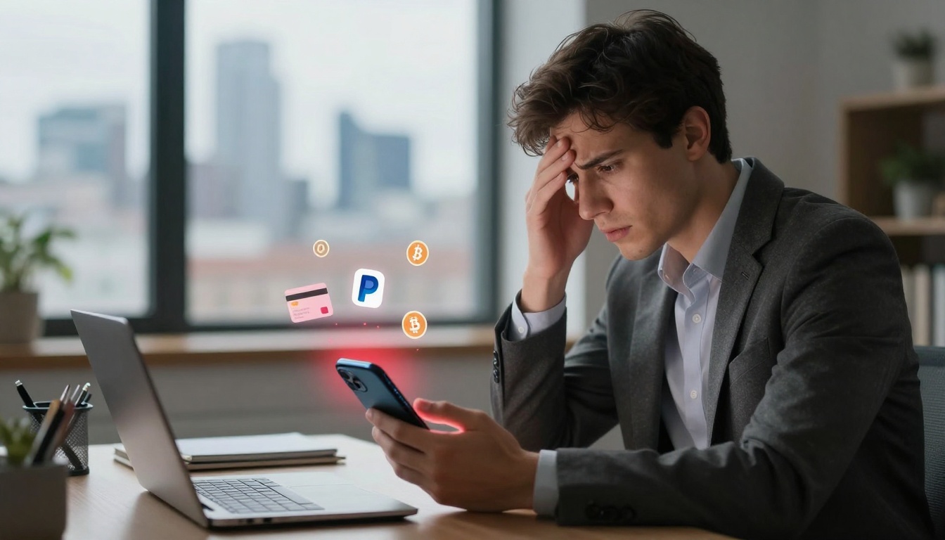 A man in a suit looks worried as he holds a smartphone in an office. Icons of a credit card, PayPal, and Bitcoin float around him. A laptop and office supplies are on the desk.