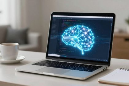 A laptop on a white table displays a digital brain with neural connections in blue light. Beside it, a white coffee cup on a saucer and a spiral notebook are visible. The background features a blurred indoor setting.